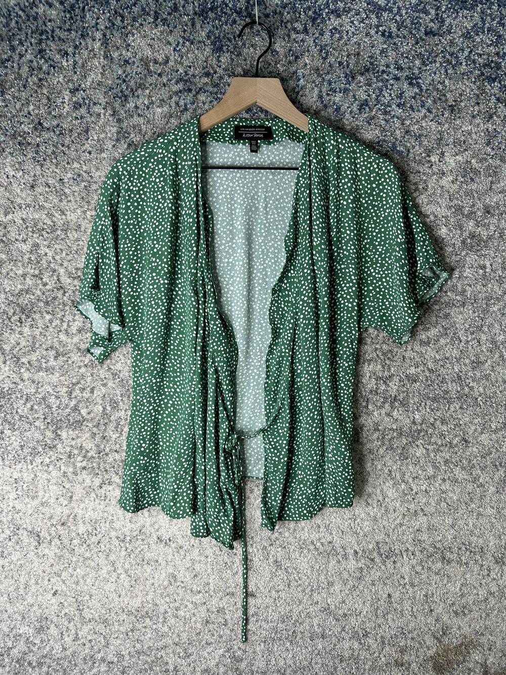 & Other Stories Blouse Womens 10 Green Polka Dot Tie Front Short Sleeve Top